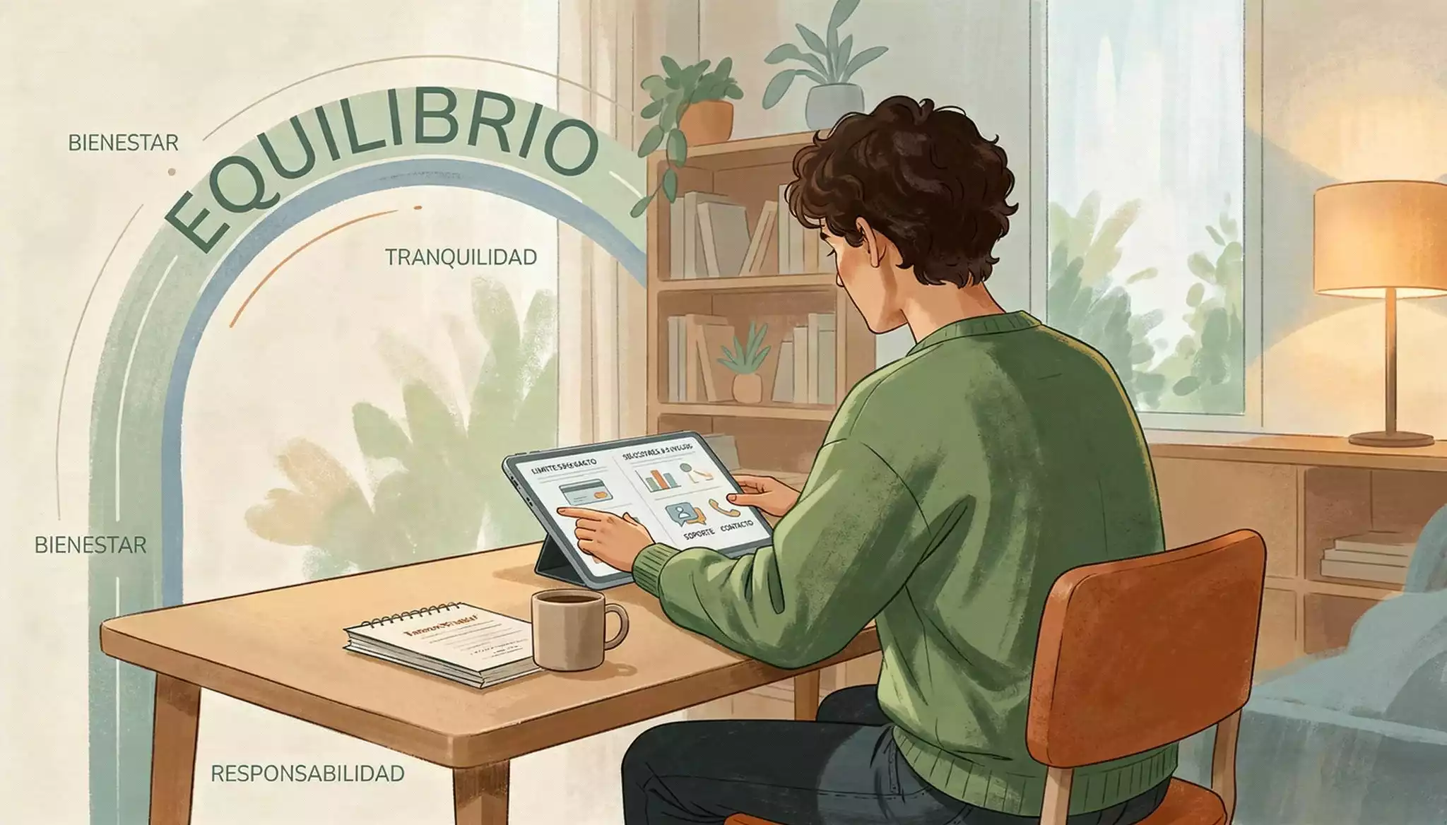 Persona revisando límites de juego y recursos de ayuda en un entorno tranquilo